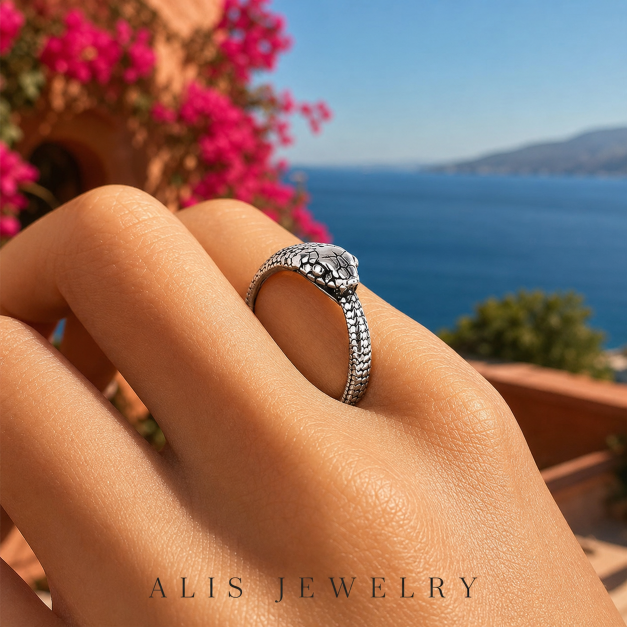 Bague serpent ajustable argent - Alis Jewelry - réseaux sociaux