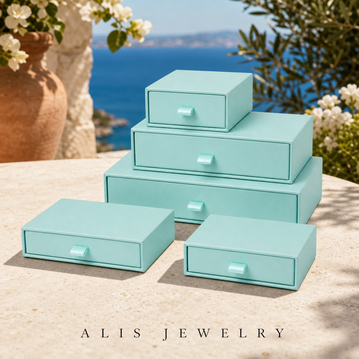 Lot de 5 boîtes de rangement bijoux - Alis Jewelry - réseaux sociaux