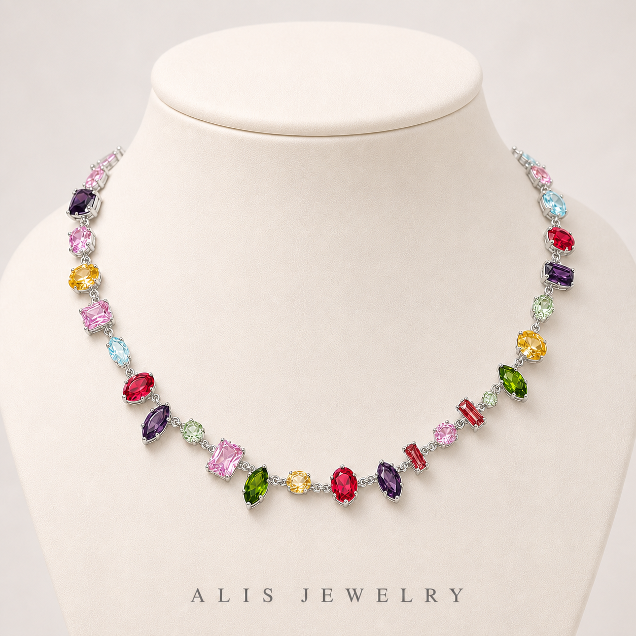 Parure arc-en-ciel plaqué or - Alis Jewelry - Collier argent 925 - sur support minéral