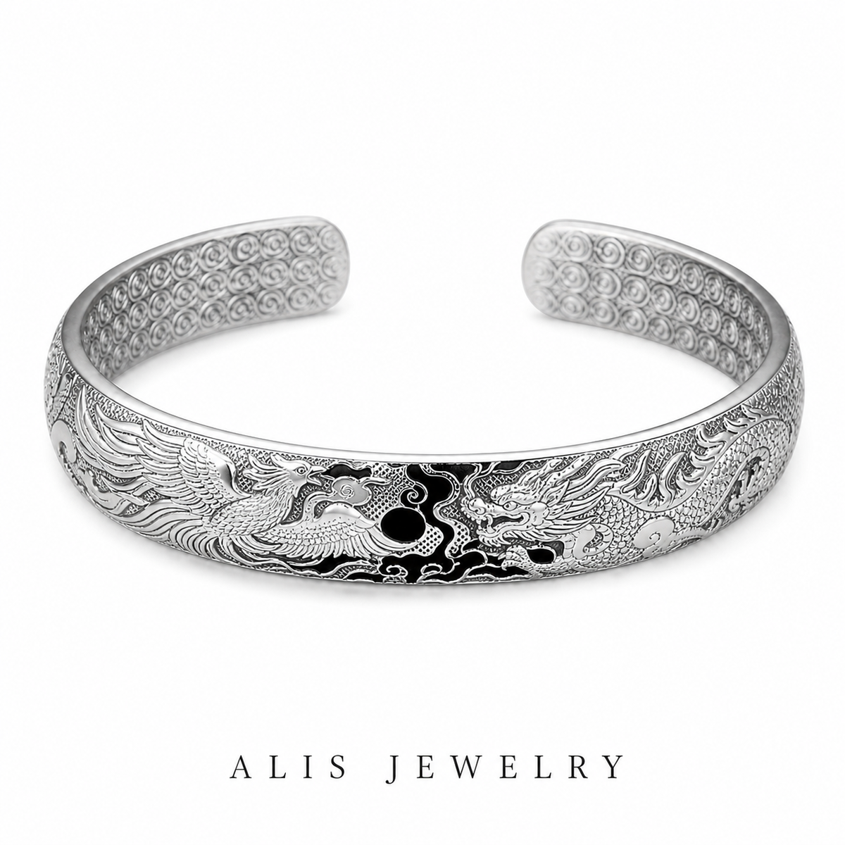 bracelet manchette dragon phénix argent 925 - Alis Jewelry - fond blanc