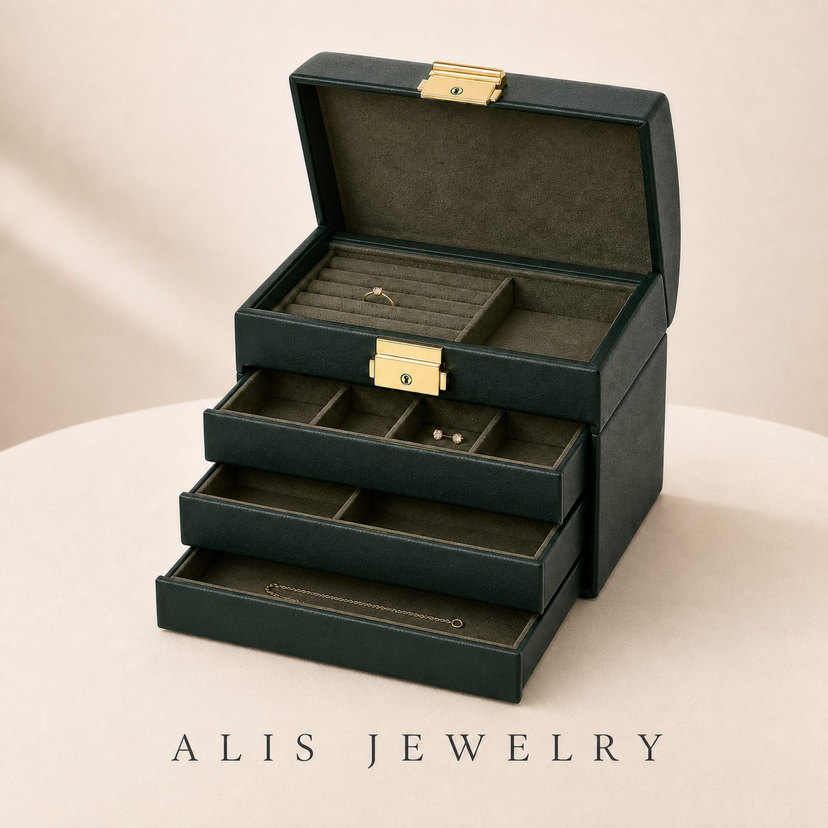 Coffret bijoux 3 tiroirs cuir pu - Alis Jewelry - intérieur
