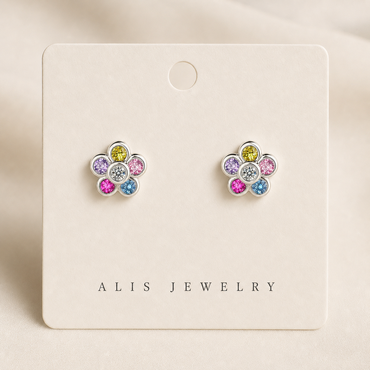 boucles d'oreilles zircon arc-en-ciel argent 925 - Alis Jewelry - sur support minéral