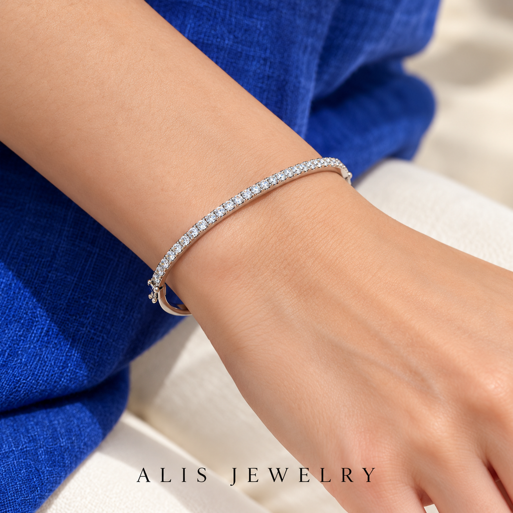 Bracelet jonc fin zircon argent 925 - Alis Jewelry - porté mannequin