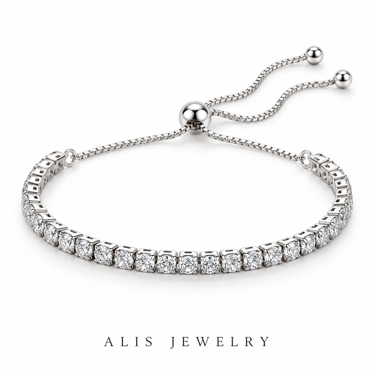 Bracelet tennis zircon ajustable argent 925 - Alis Jewelry - fond blanc