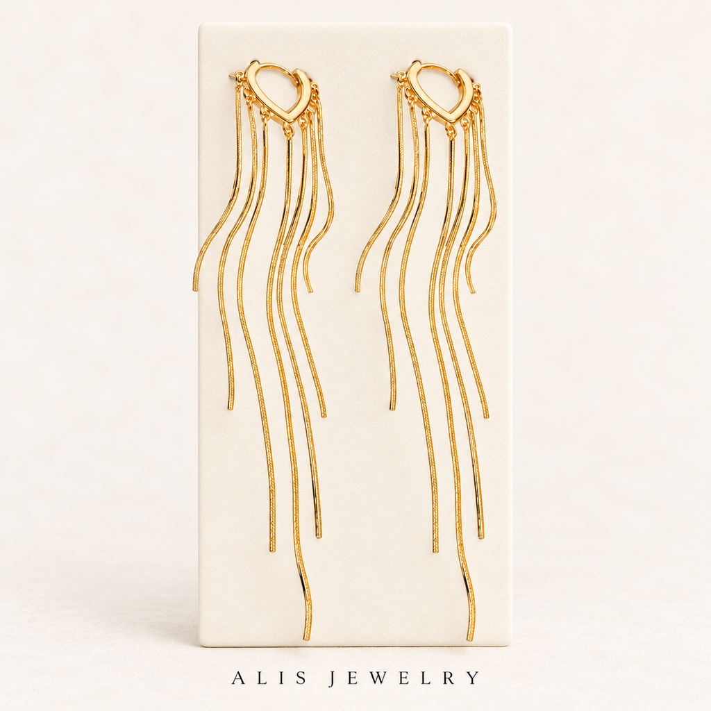 Boucles d'oreilles franges cœur argent 925 doré - Alis Jewelry - sur support minéral