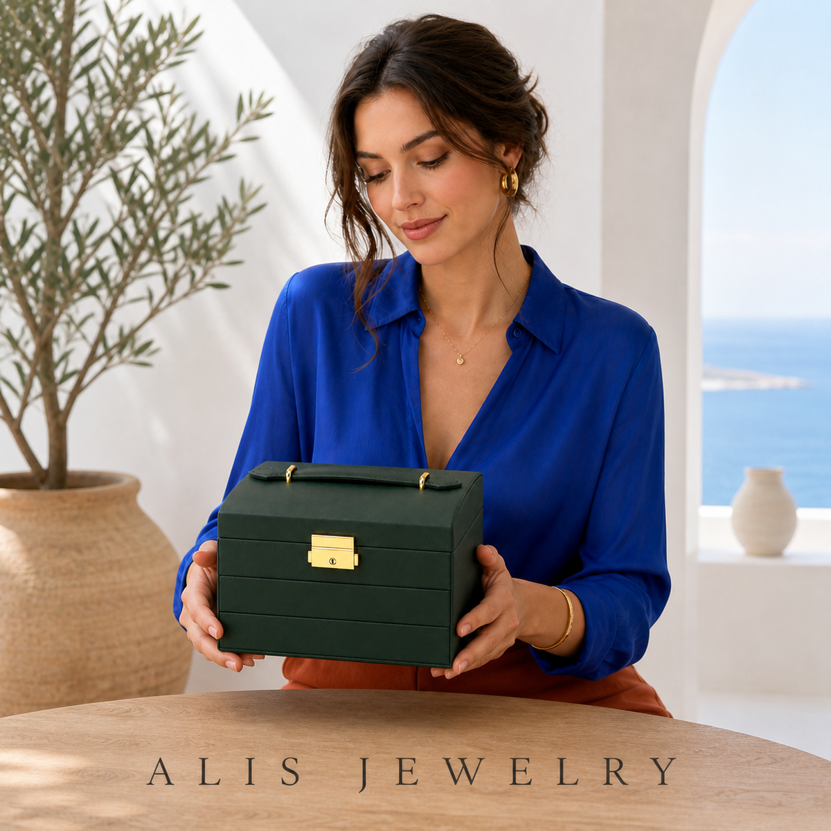 Coffret bijoux 3 tiroirs cuir pu - Alis Jewelry - porté mannequin
