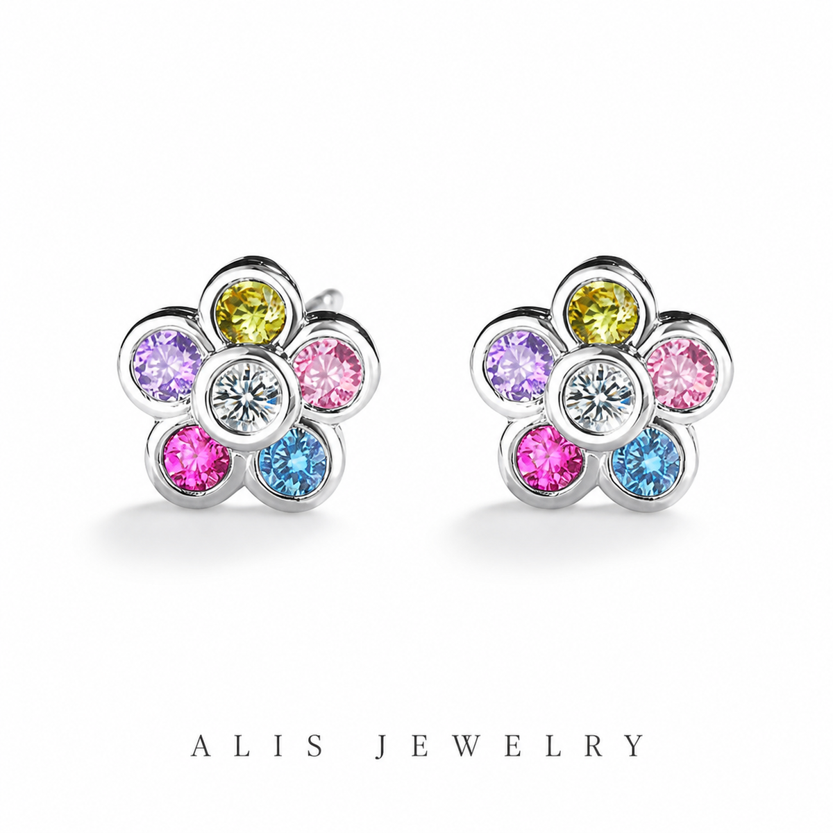 boucles d'oreilles zircon arc-en-ciel argent 925 - Alis Jewelry - fond blanc