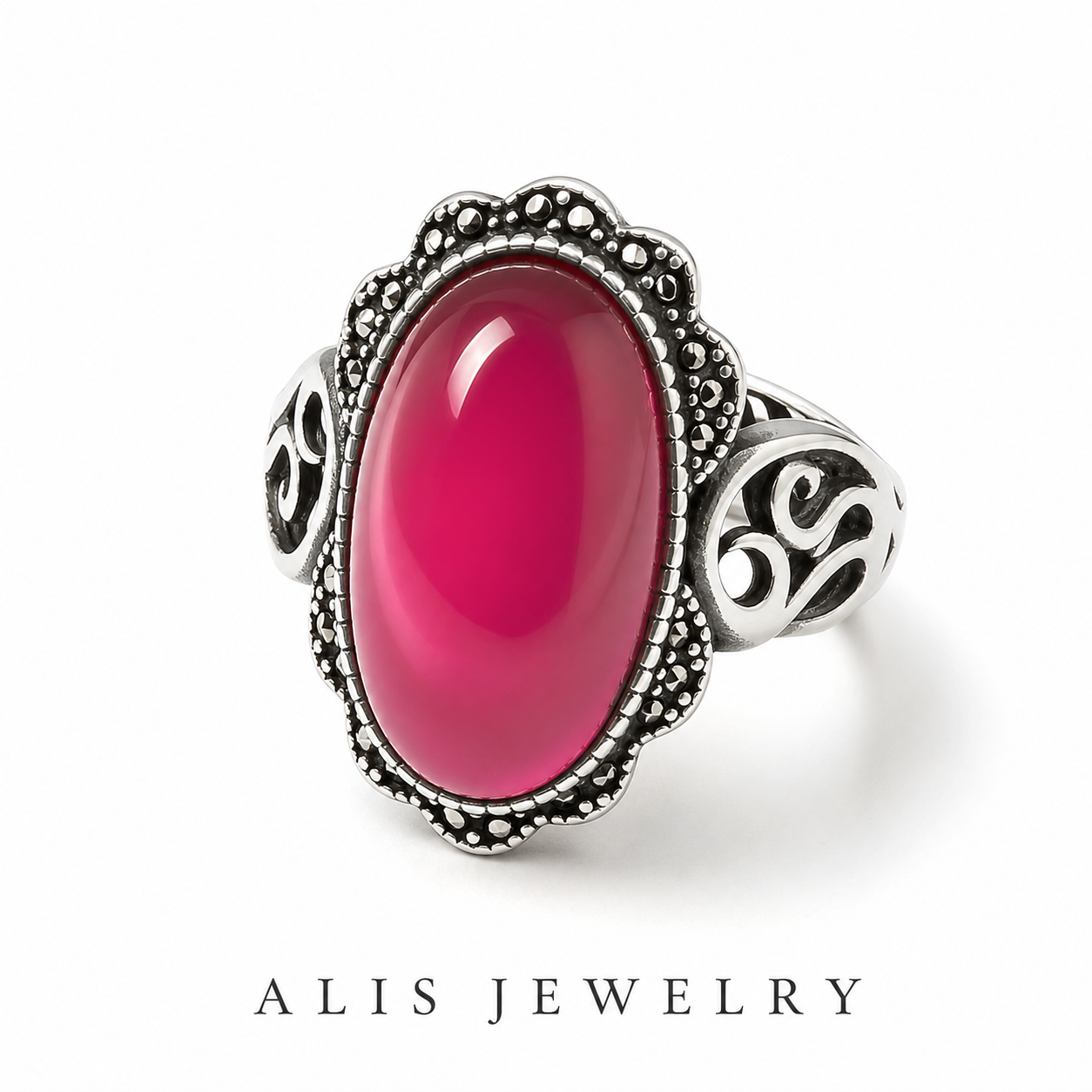Bague grenat vintage argent thaïlandais - Alis Jewelry - clair - fond blanc