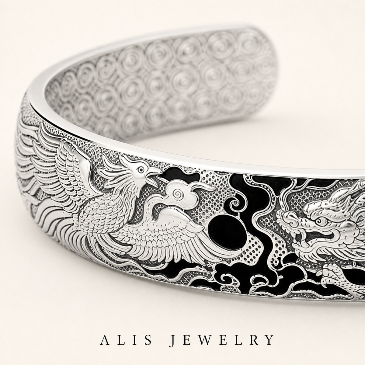 bracelet manchette dragon phénix argent 925 - Alis Jewelry - gros plan / zoom