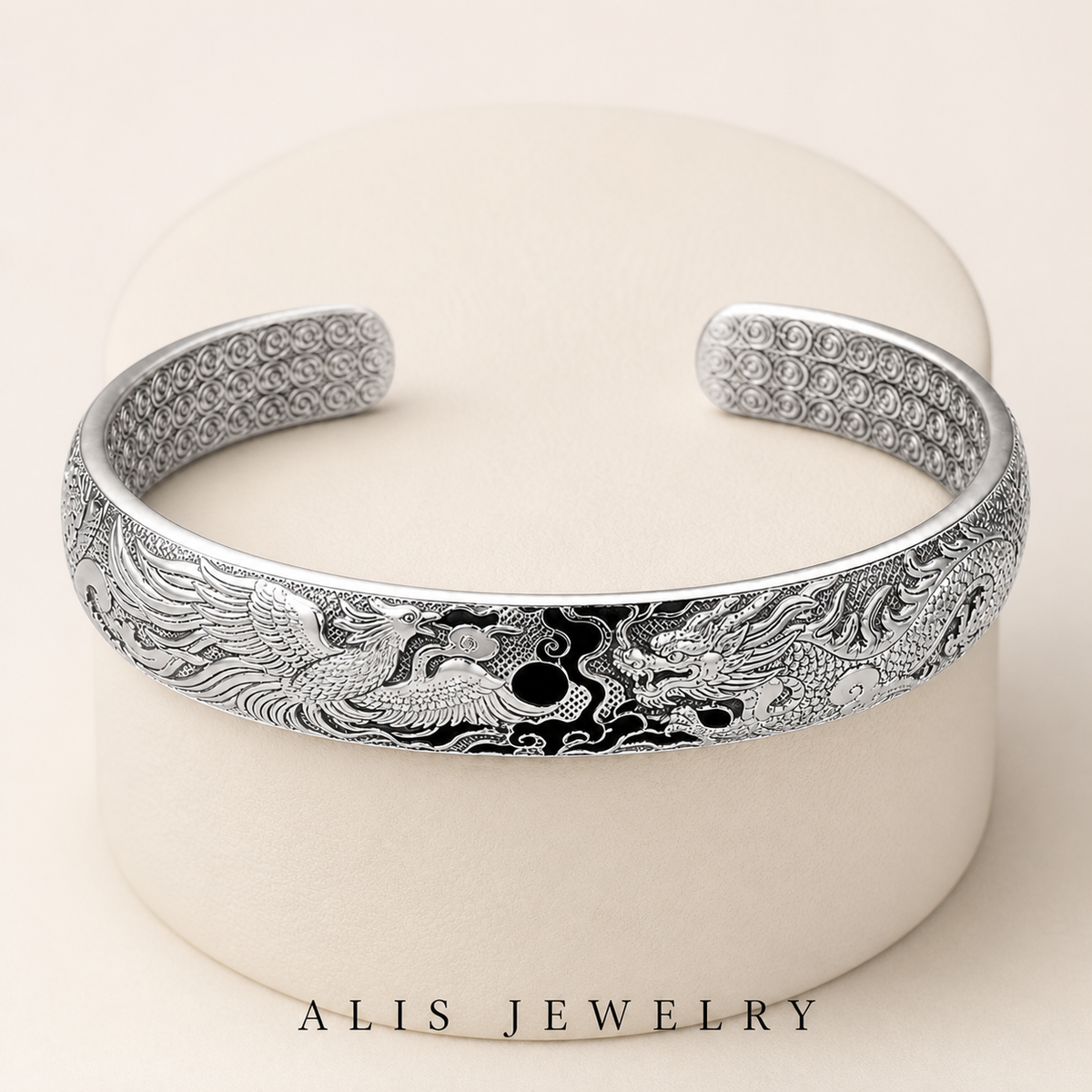 bracelet manchette dragon phénix argent 925 - Alis Jewelry - sur support minéral