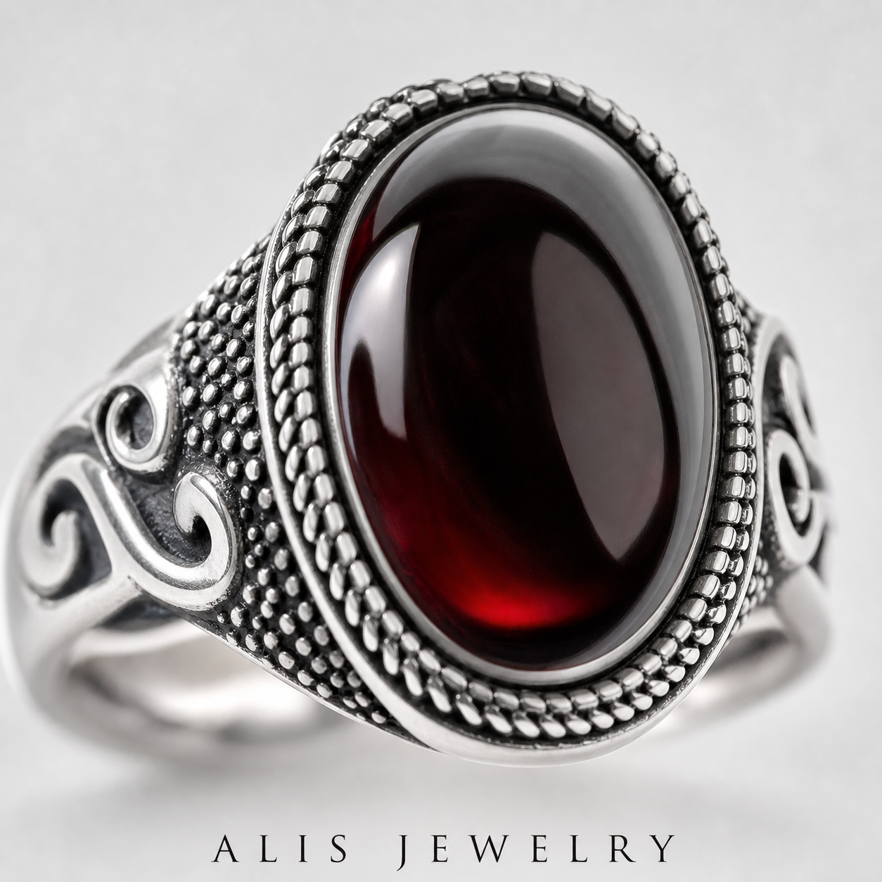 Bague grenat vintage argent thaïlandais - Alis Jewelry - foncé - gros plan / zoom