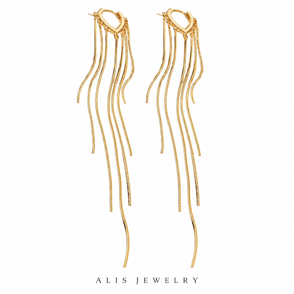 Boucles d'oreilles franges cœur argent 925 doré - Alis Jewelry - fond blanc