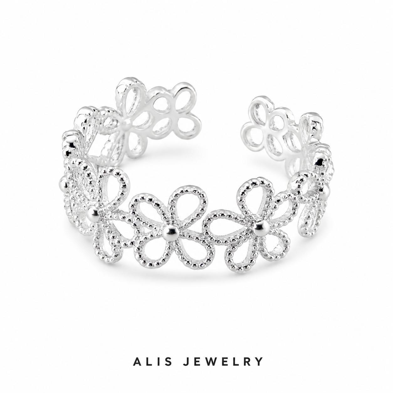 Bague fleur ajourée argent - Alis Jewelry - fond blanc