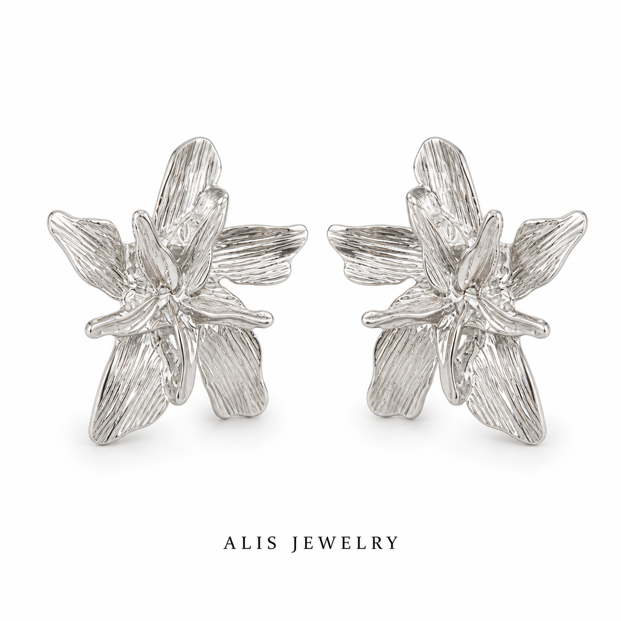 Bague et boucles fleur - Alis Jewelry - boucles argentées - fond blanc