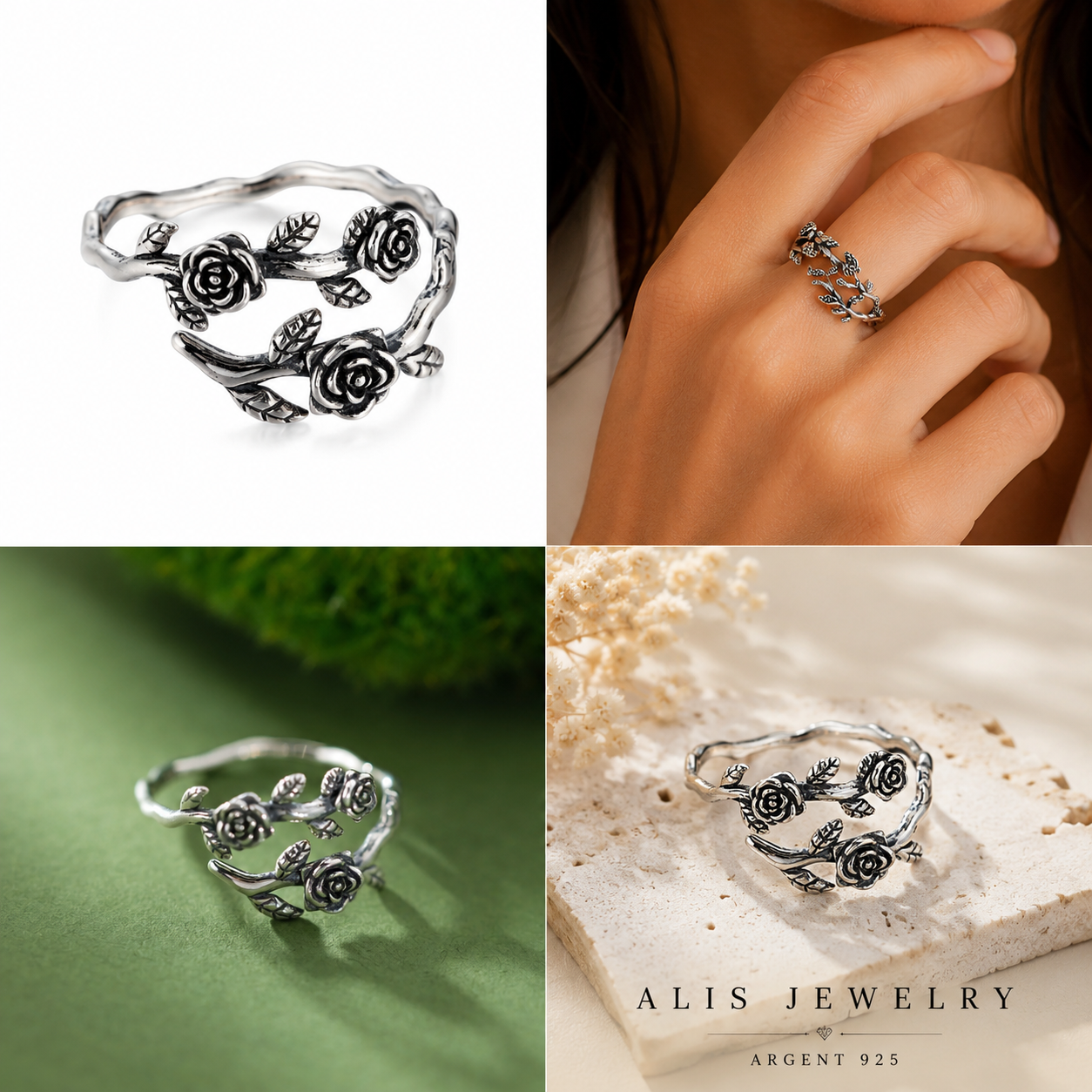 Bague branche de rose argent 925