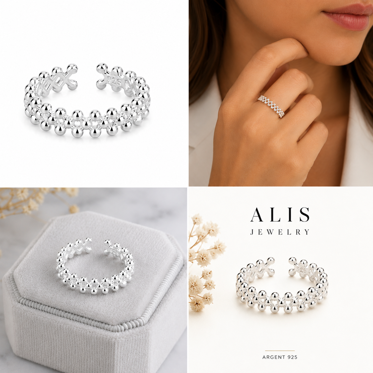 925 Silver Double-Row Open Bead Ring
