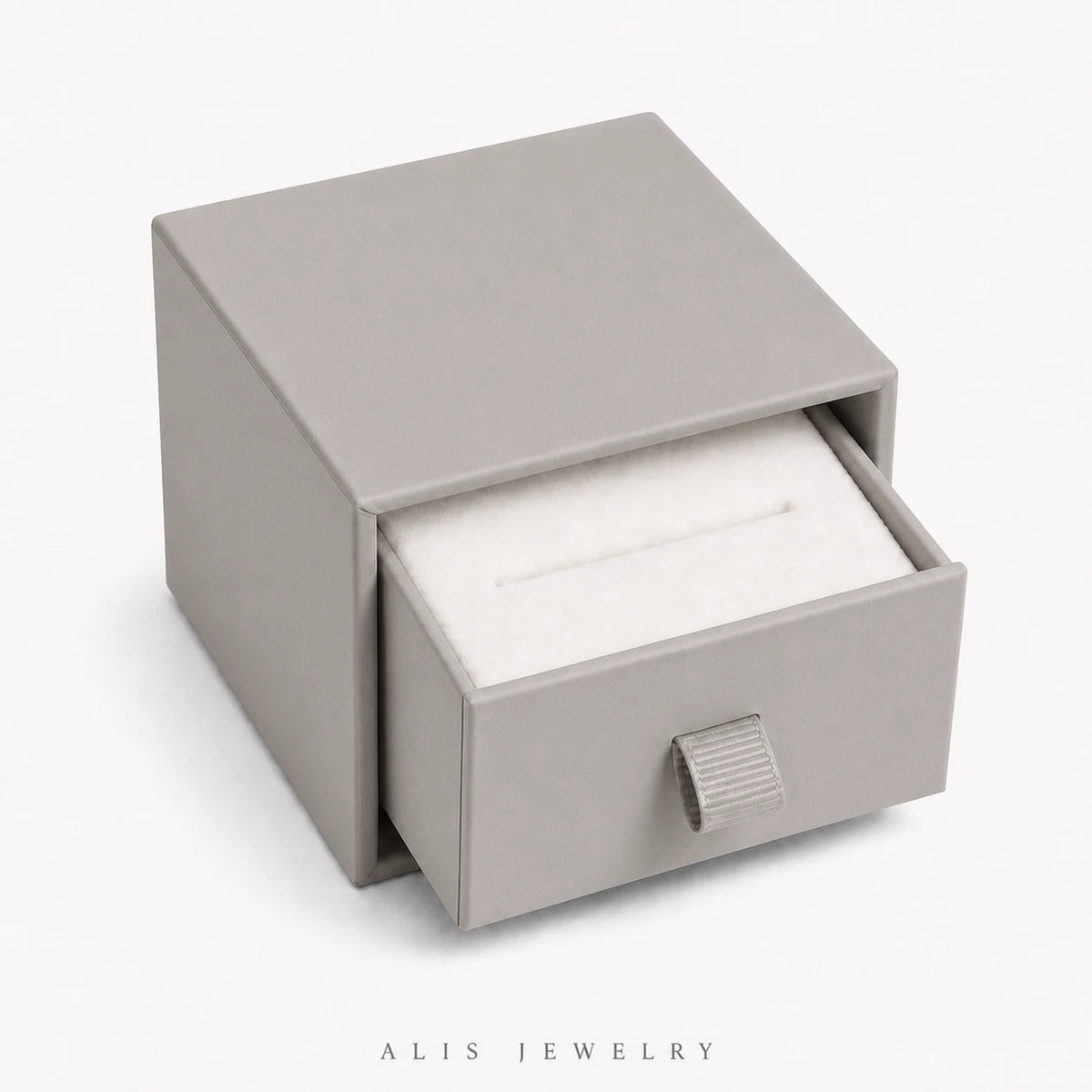 boîte à bijoux format bague grise - Alis Jewelry - fond blanc