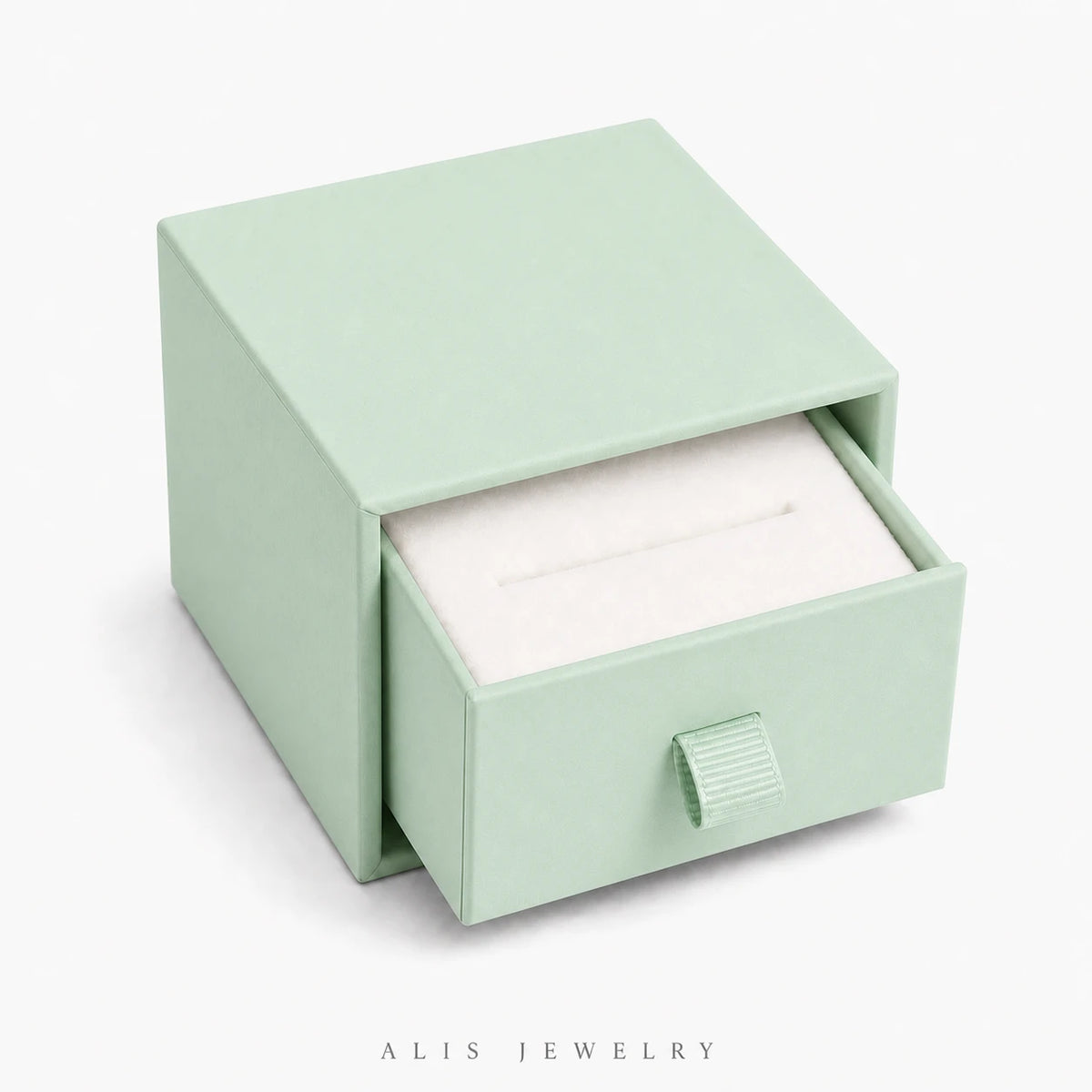 boîte à bijoux format bague menthe - Alis Jewelry - fond blanc