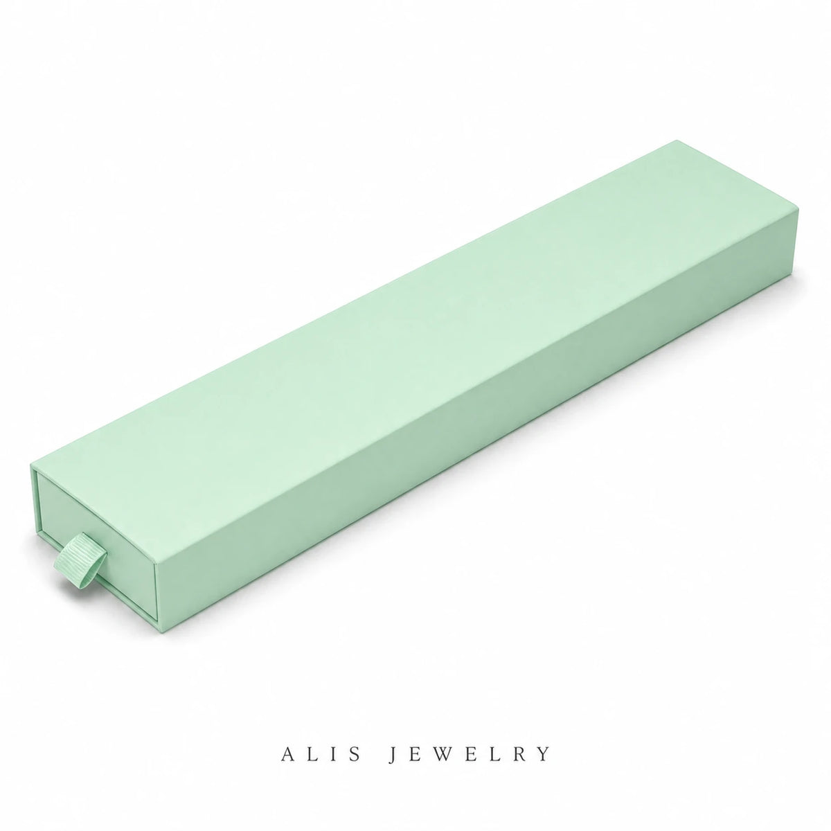 boîte à bijoux format collier menthe - Alis Jewelry - fond blanc