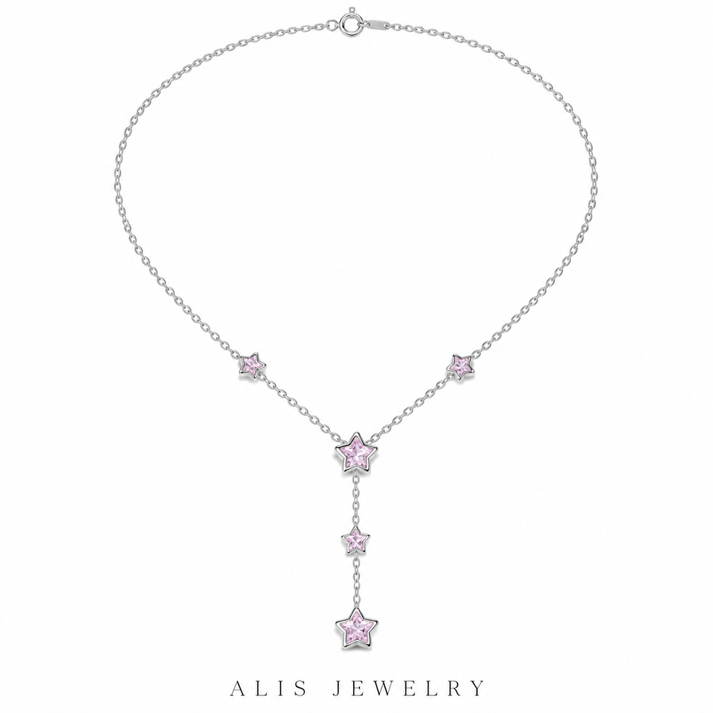 Collier cascade d'étoiles roses argent 925 - Alis Jewelry - fond blanc
