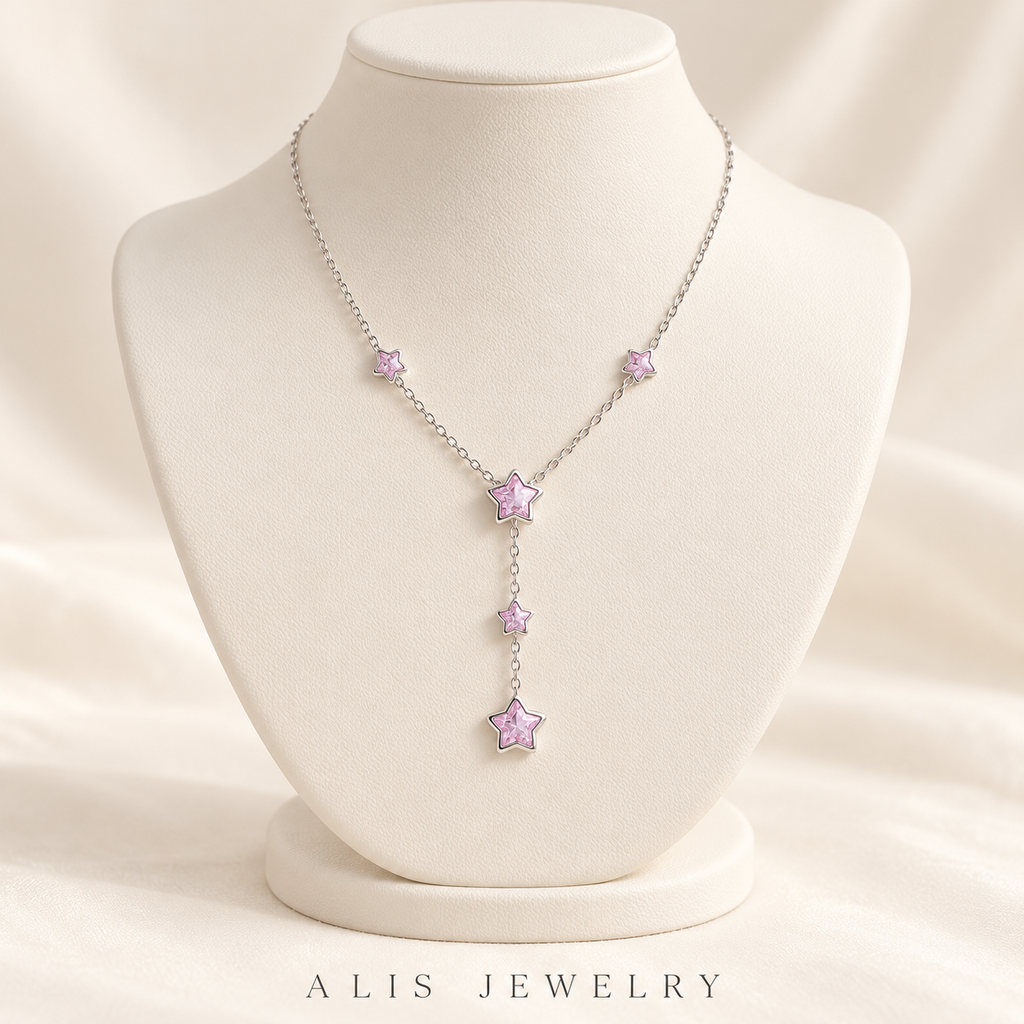 Collier cascade d'étoiles roses argent 925 - Alis Jewelry - sur support minéral