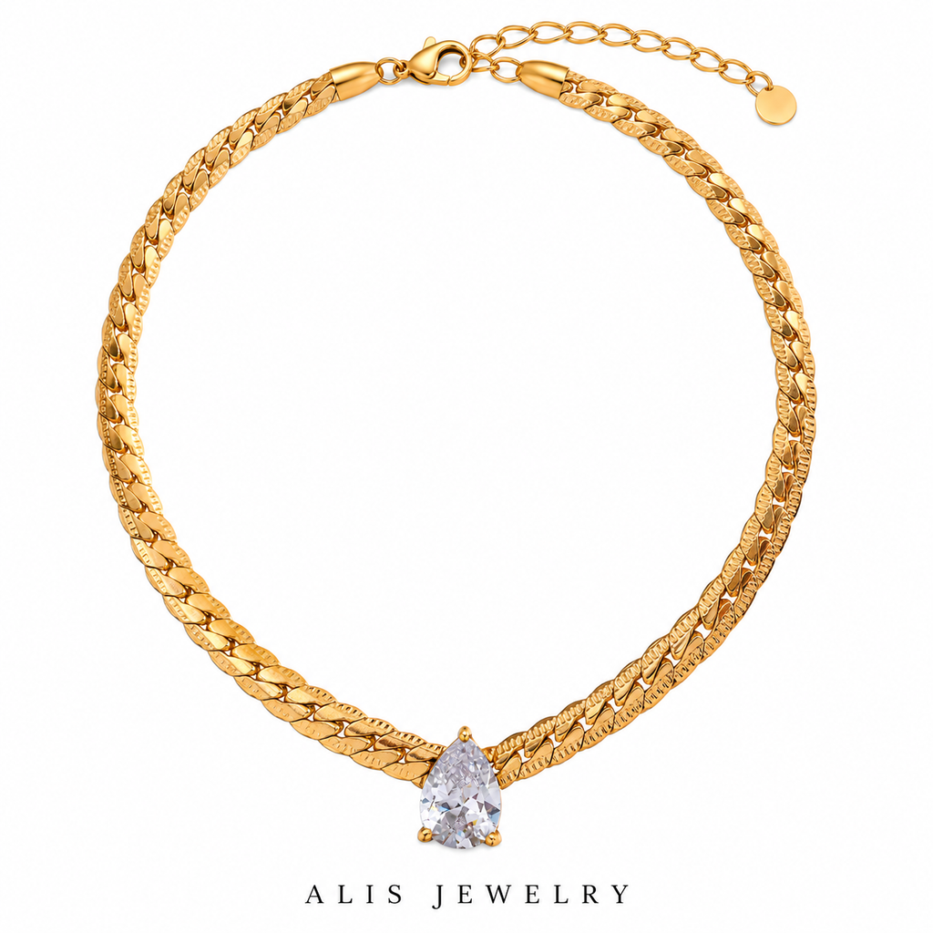 Collier chaîne cubaine goutte zircon plaqué or 18K - Alis Jewelry - fond blanc
