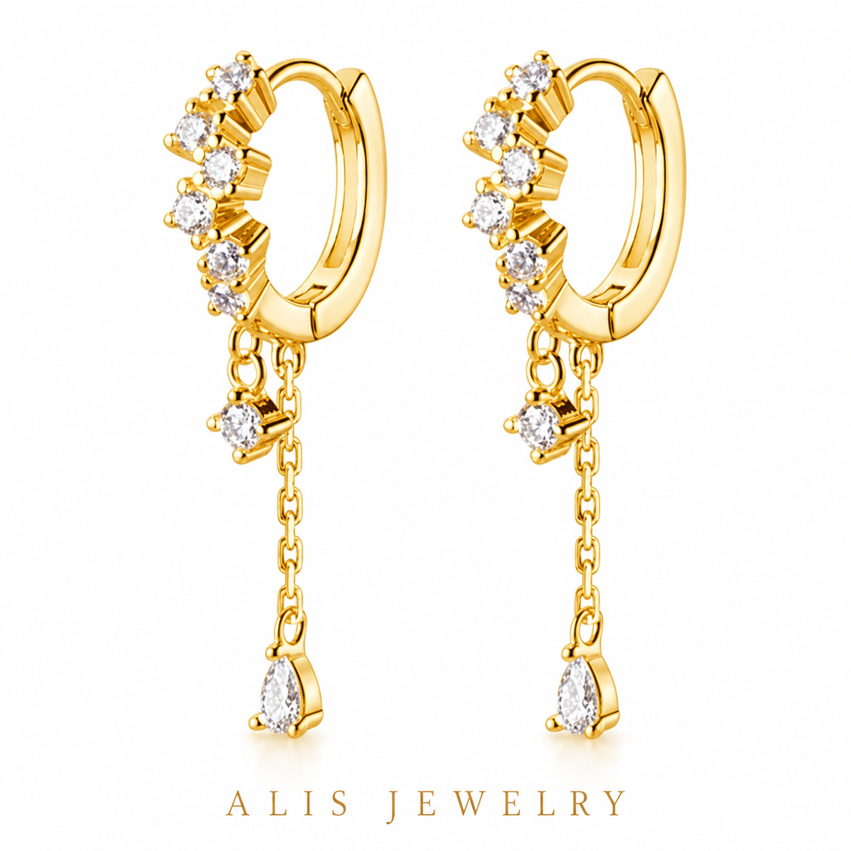 Créoles pendantes chaîne et goutte plaqué or 18K - Alis Jewelry - fond blanc