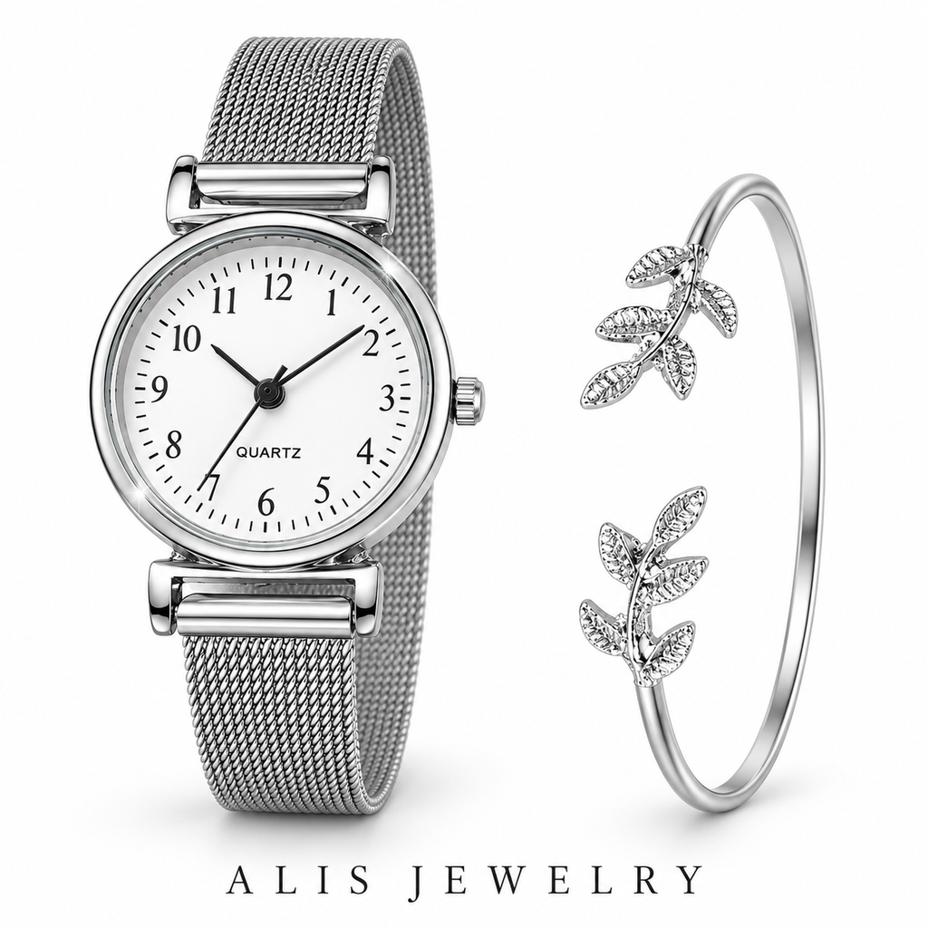 Duo montre femme argentée et bracelet feuille - Alis Jewelry - fond blanc