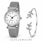 Duo montre femme argentée et bracelet feuille - Alis Jewelry - fond blanc