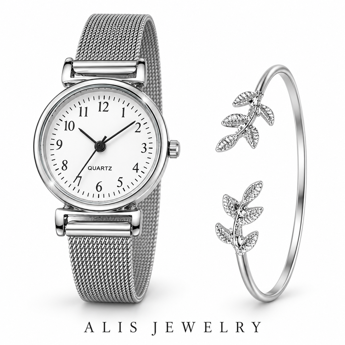Duo montre femme argentée et bracelet feuille - Alis Jewelry - fond blanc