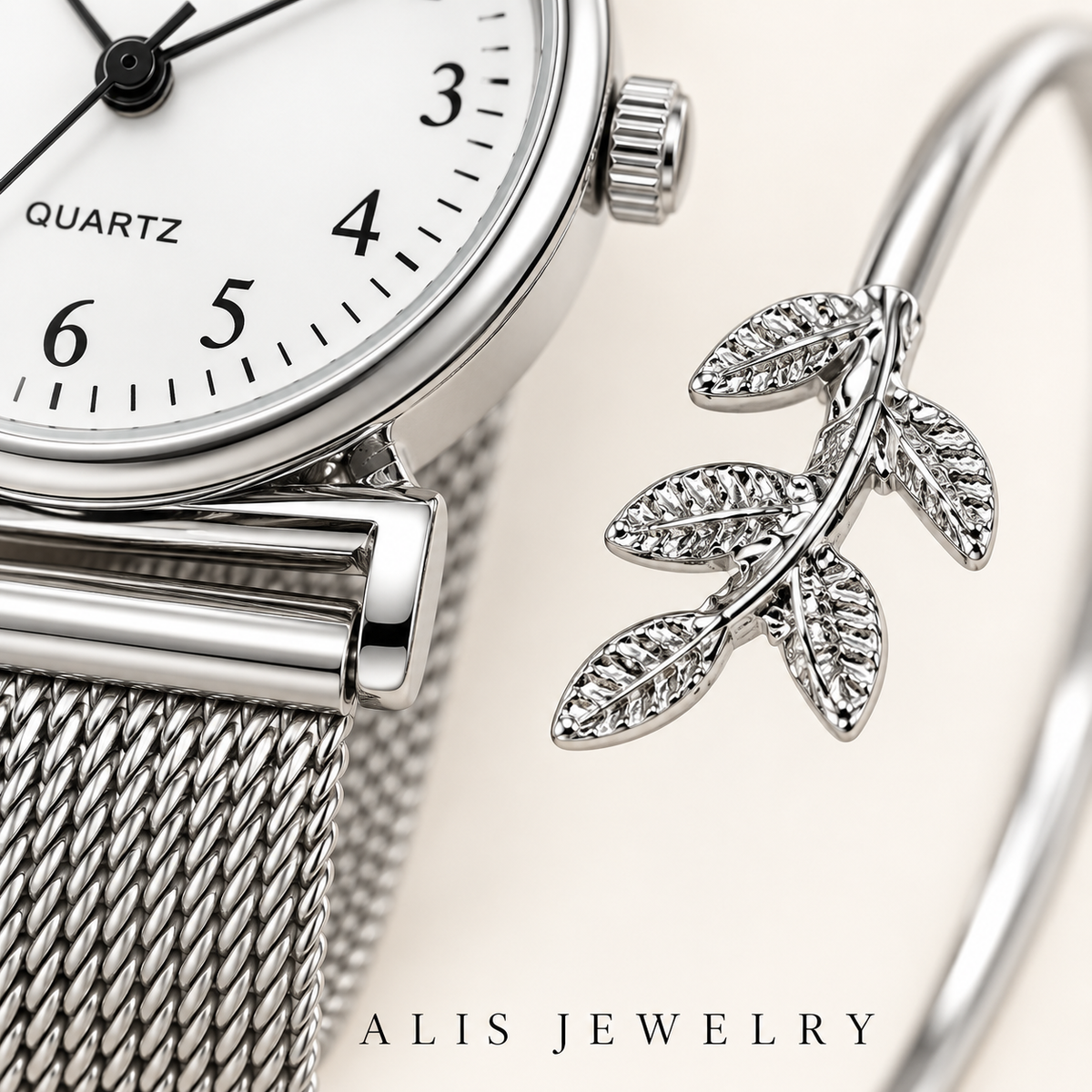 Duo montre femme argentée et bracelet feuille - Alis Jewelry - gros plan / zoom