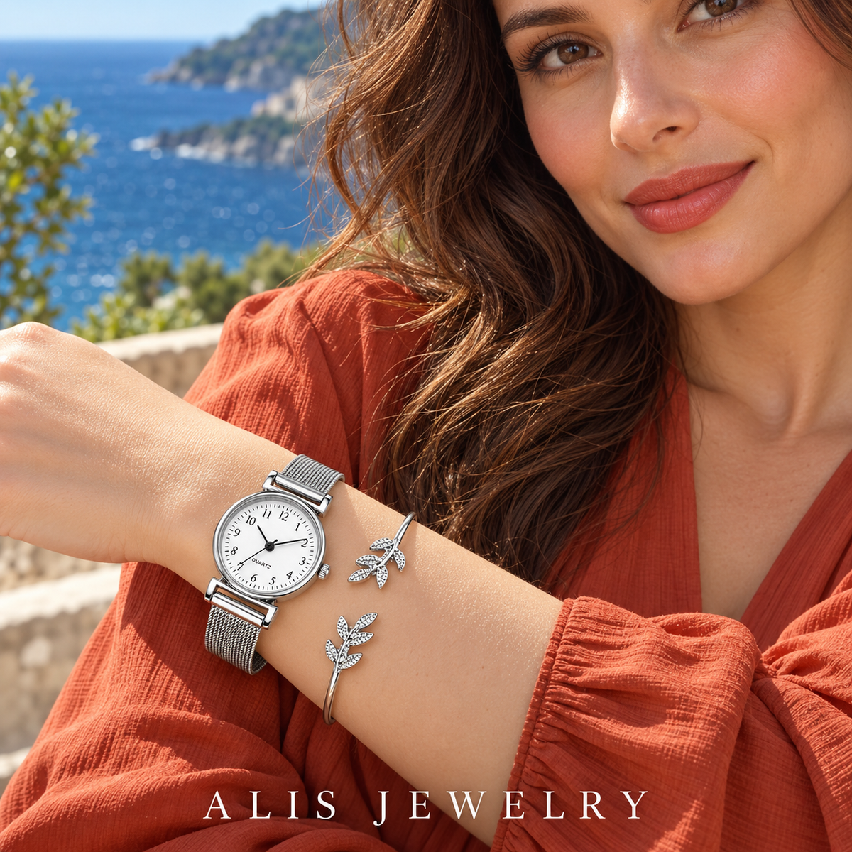 Duo montre femme argentée et bracelet feuille - Alis Jewelry - porté mannequin