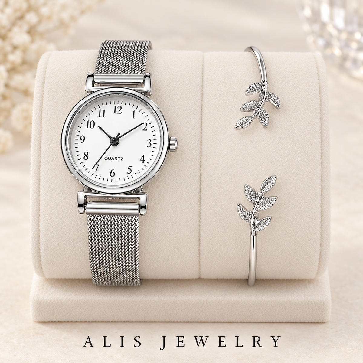 Duo montre femme argentée et bracelet feuille - Alis Jewelry - sur support minéral
