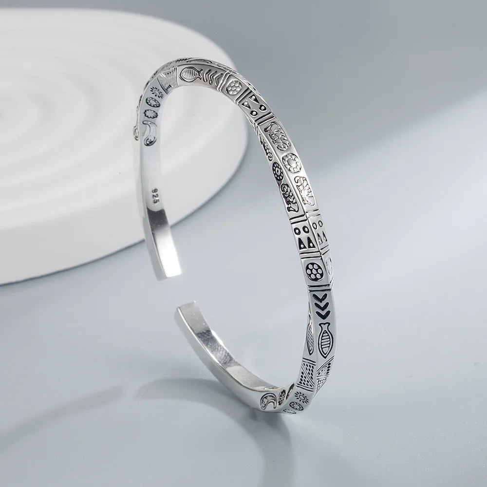 925 Silver Open Bangle, Geometric Totem