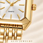 Montre bracelet dorée cadran rectangulaire - Alis Jewelry - gros plan / zoom