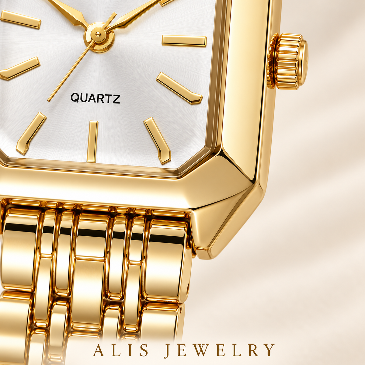 Montre bracelet dorée cadran rectangulaire - Alis Jewelry - gros plan / zoom