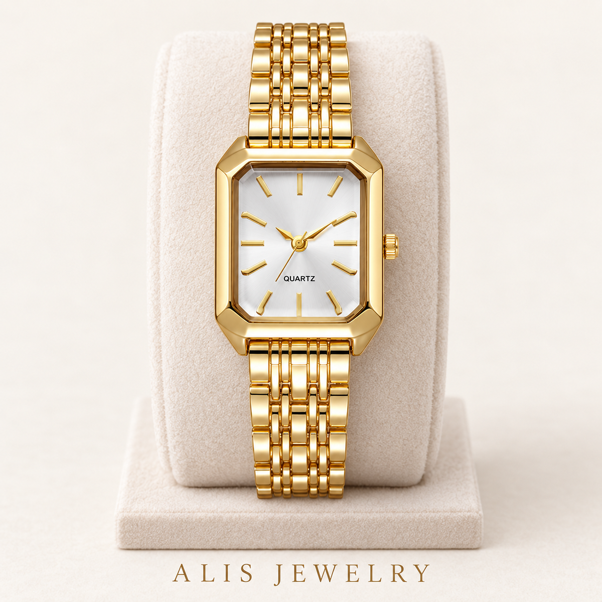 Montre bracelet dorée cadran rectangulaire - Alis Jewelry - sur support minéral