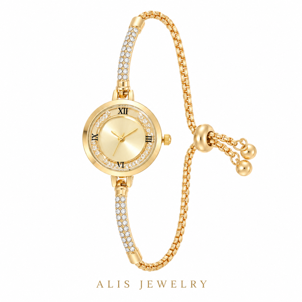 Montre-bracelet dorée petit cadran et strass - Alis Jewelry - fond blanc