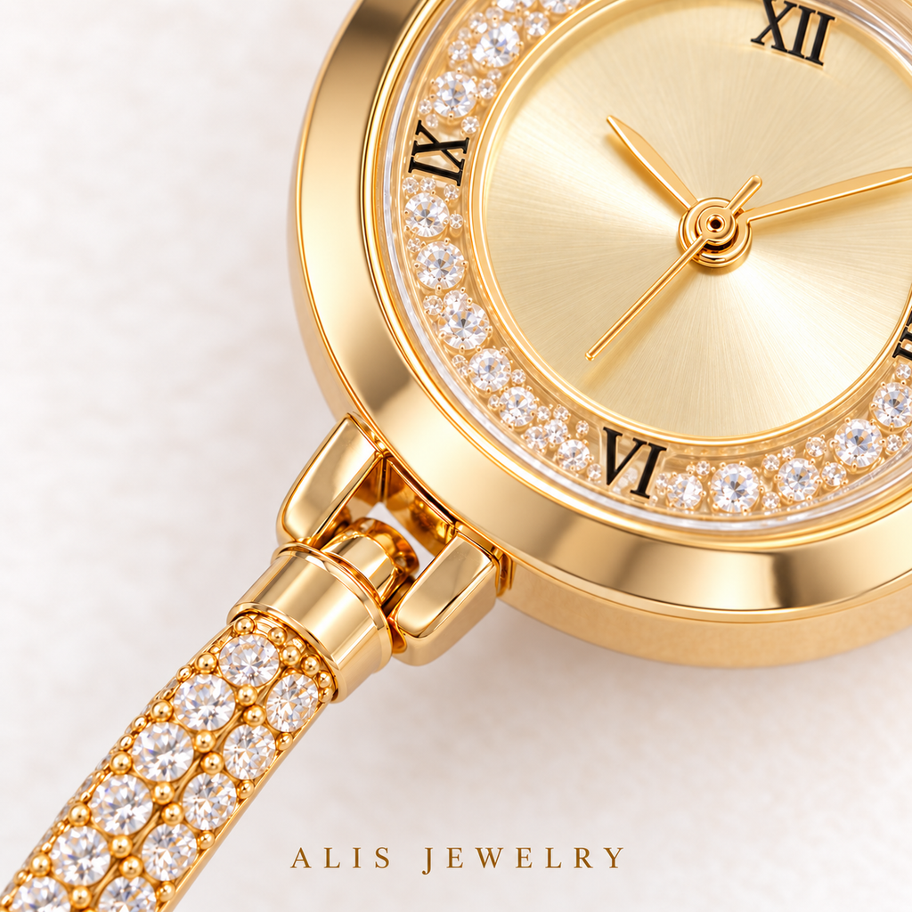 Montre-bracelet dorée petit cadran et strass - Alis Jewelry - gros plan / zoom