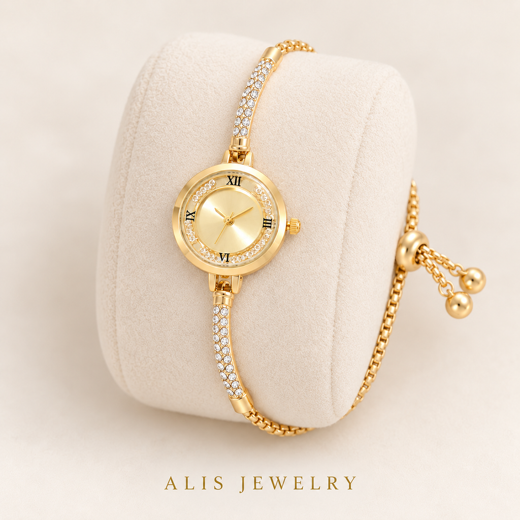 Montre-bracelet dorée petit cadran et strass - Alis Jewelry - sur support minéral