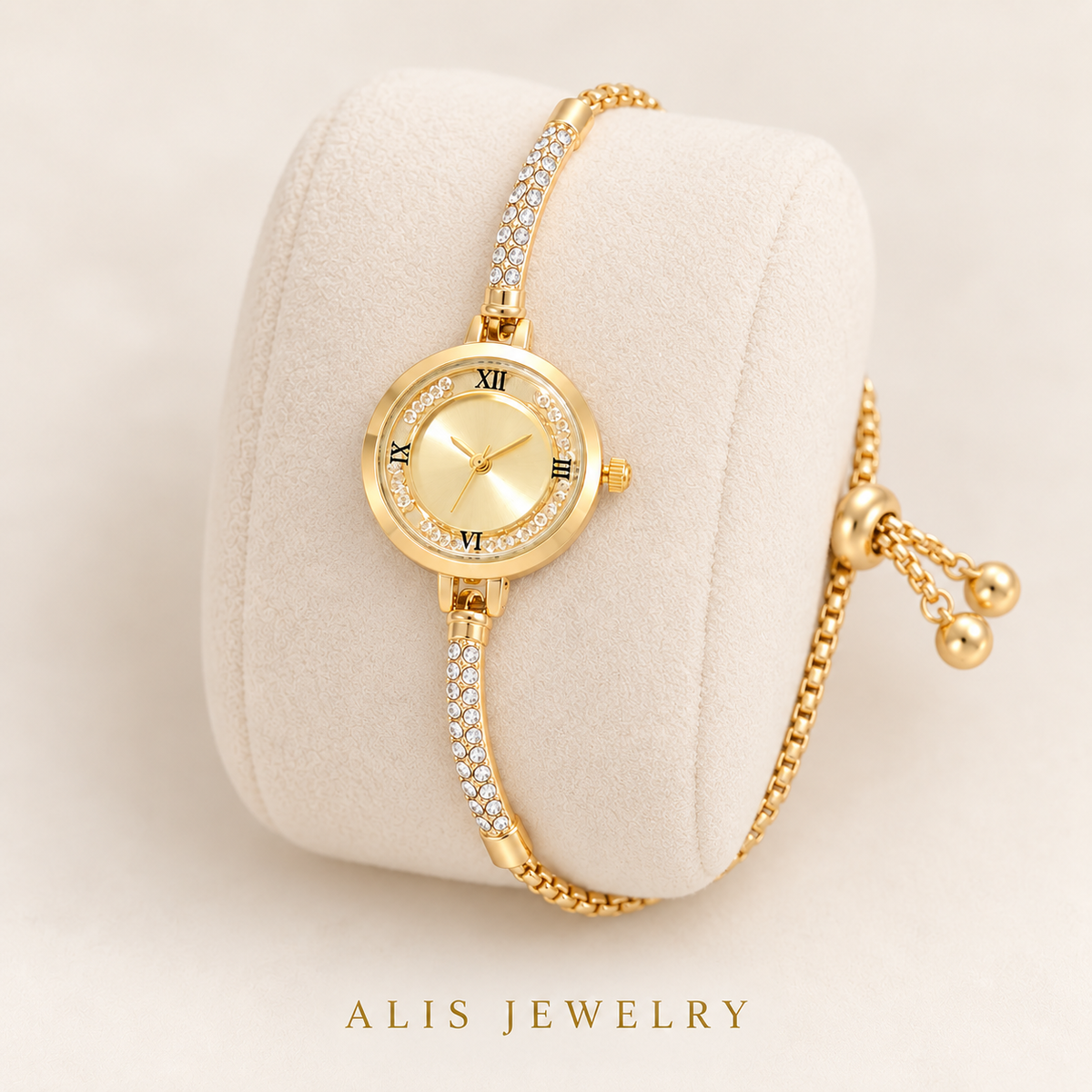 Montre-bracelet dorée petit cadran et strass - Alis Jewelry - sur support minéral