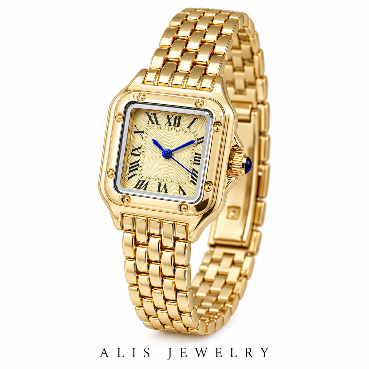 Montre femme carrée dorée chiffres romains acier inoxydable - Alis Jewelry - fond blanc