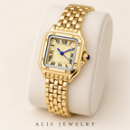Montre femme carrée dorée chiffres romains acier inoxydable - Alis Jewelry - sur support minéral