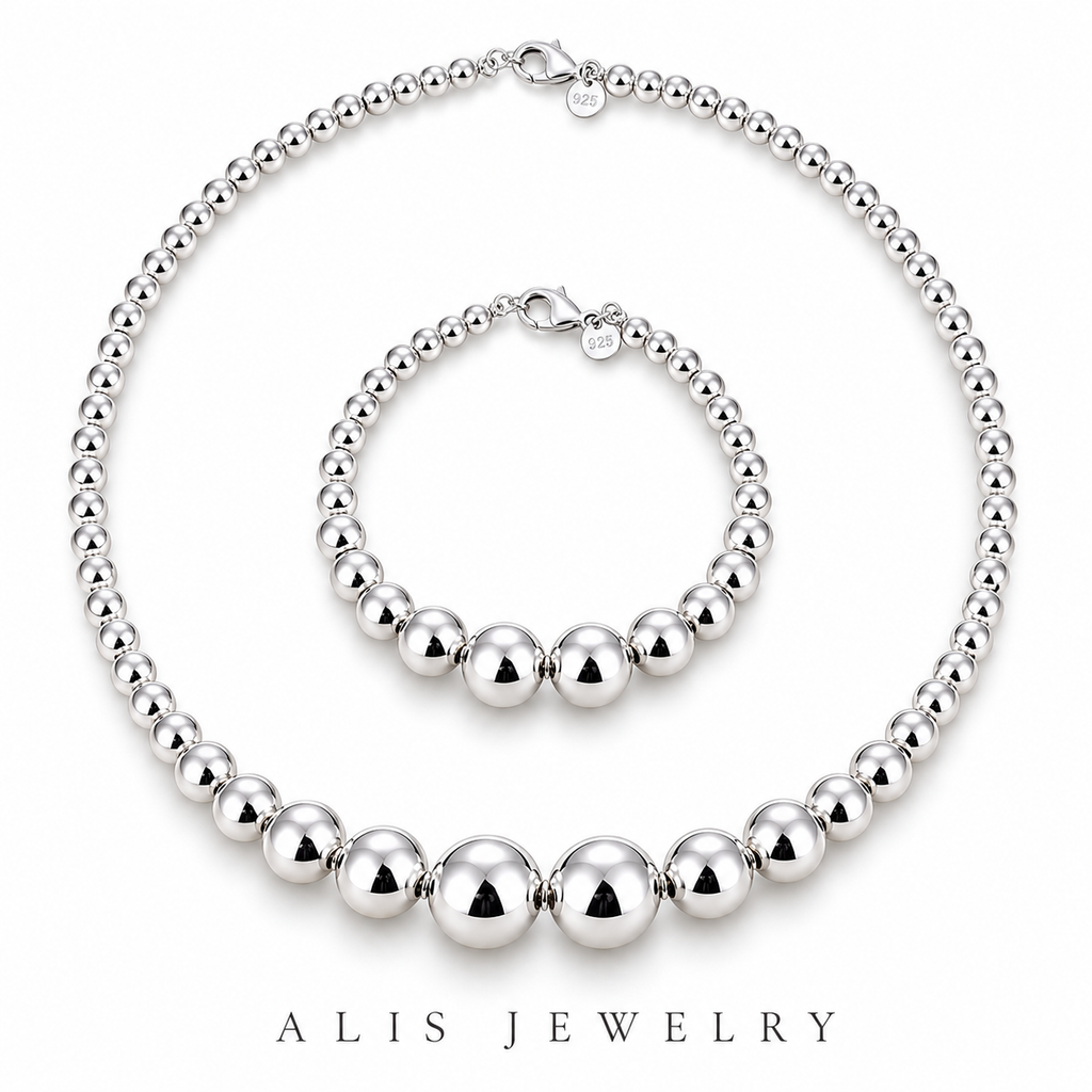 Parure collier et bracelet boules argent 925 - Alis Jewelry - fond blanc