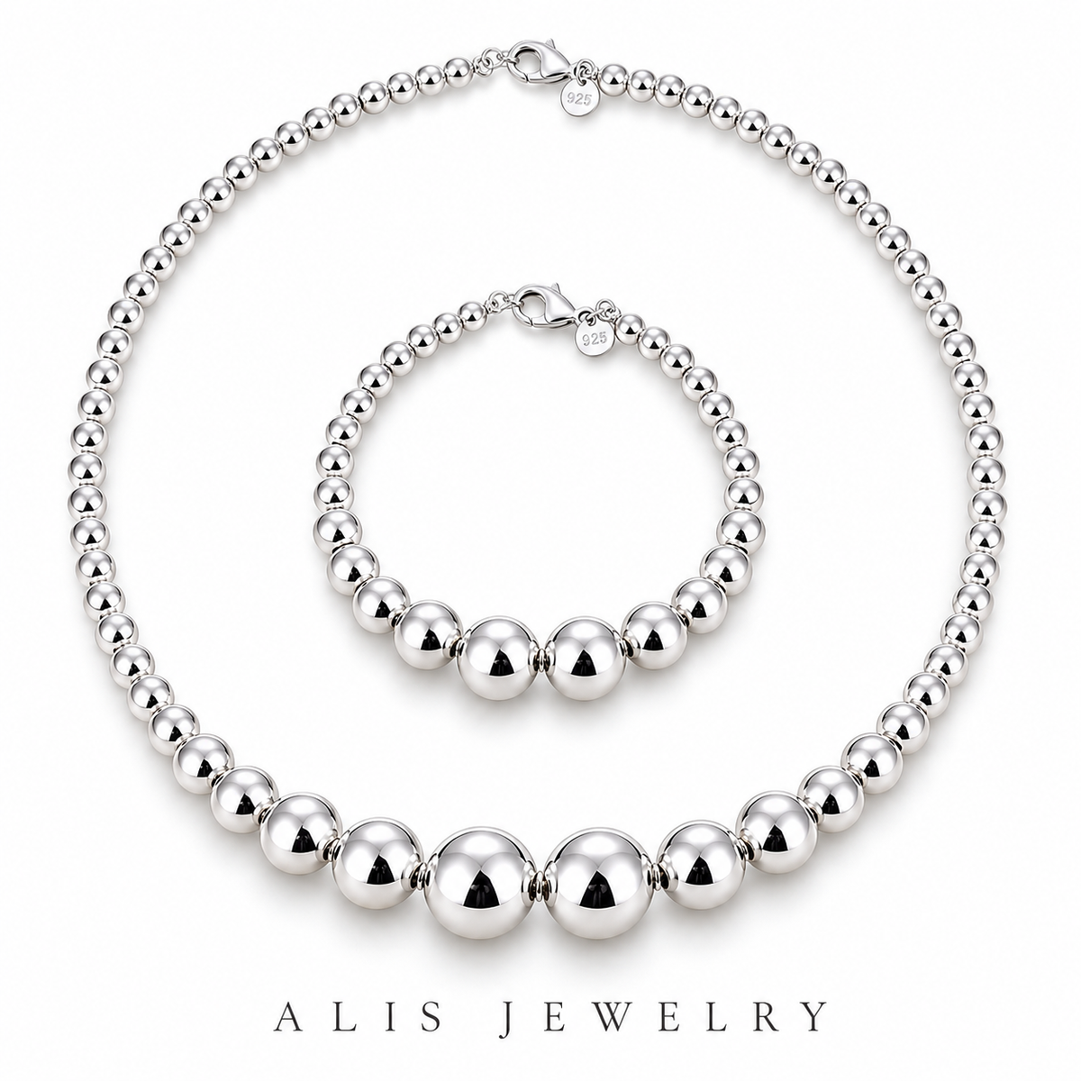 Parure collier et bracelet boules argent 925 - Alis Jewelry - fond blanc