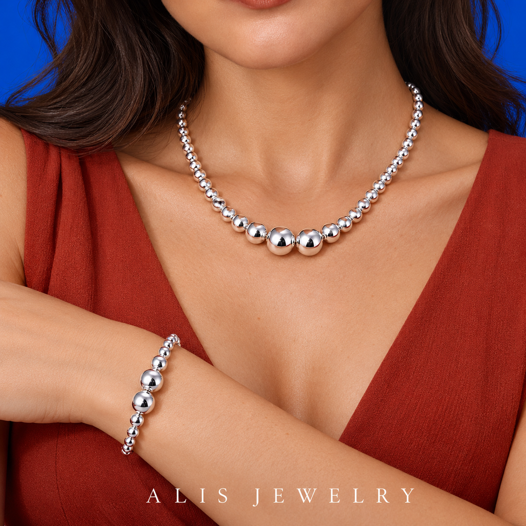 Parure collier et bracelet boules argent 925 - Alis Jewelry - porté mannequin