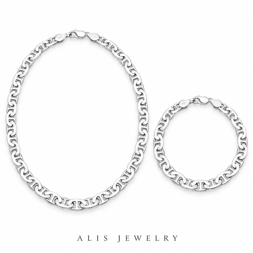Parure collier et bracelet maille marine argent 925 - Alis Jewelry - fond blanc