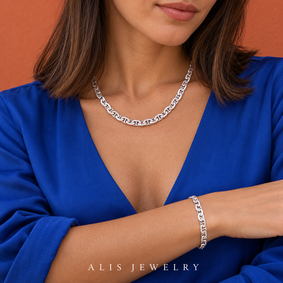 Parure collier et bracelet maille marine argent 925 - Alis Jewelry - porté mannequin