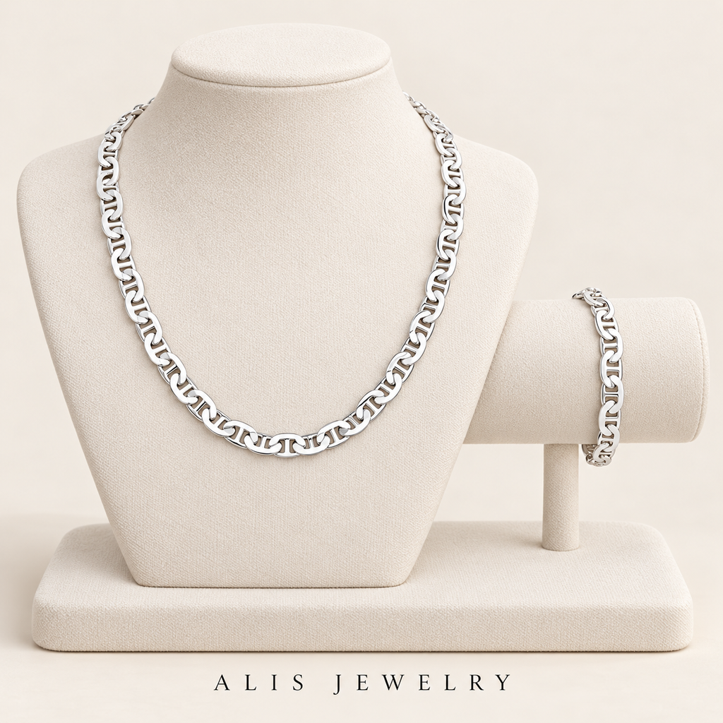 Parure collier et bracelet maille marine argent 925 - Alis Jewelry - sur support minéral