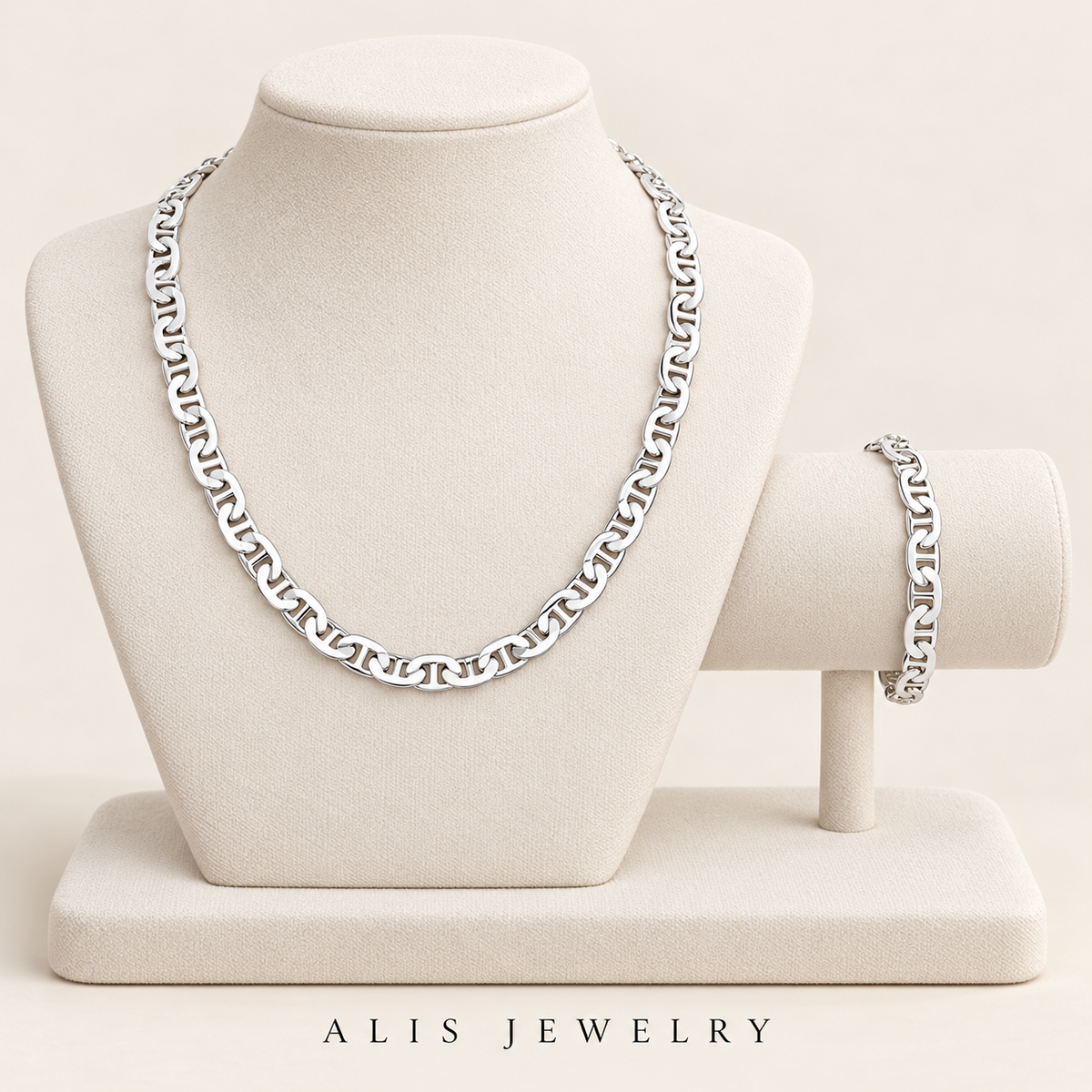 Parure collier et bracelet maille marine argent 925 - Alis Jewelry - sur support minéral